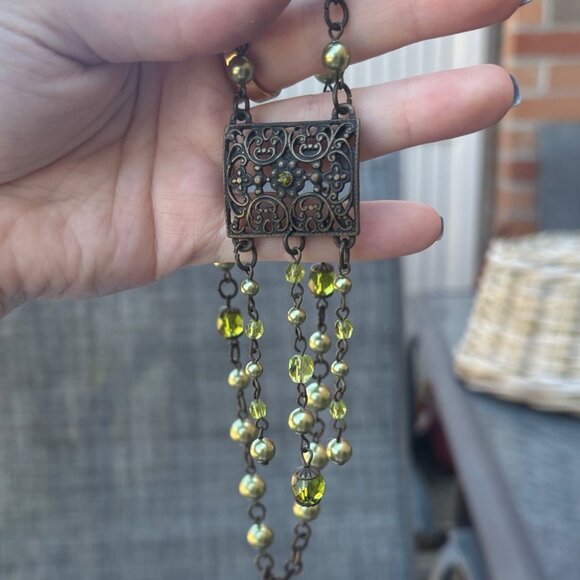 Art Deco Green Pearl Beaded Statement Dangle Necklace - Picture 3 of 6